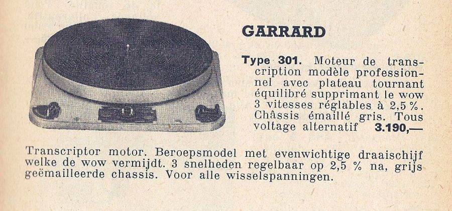 Garrard 301 • Catalogue Radio Bourse Bruxelles 1957