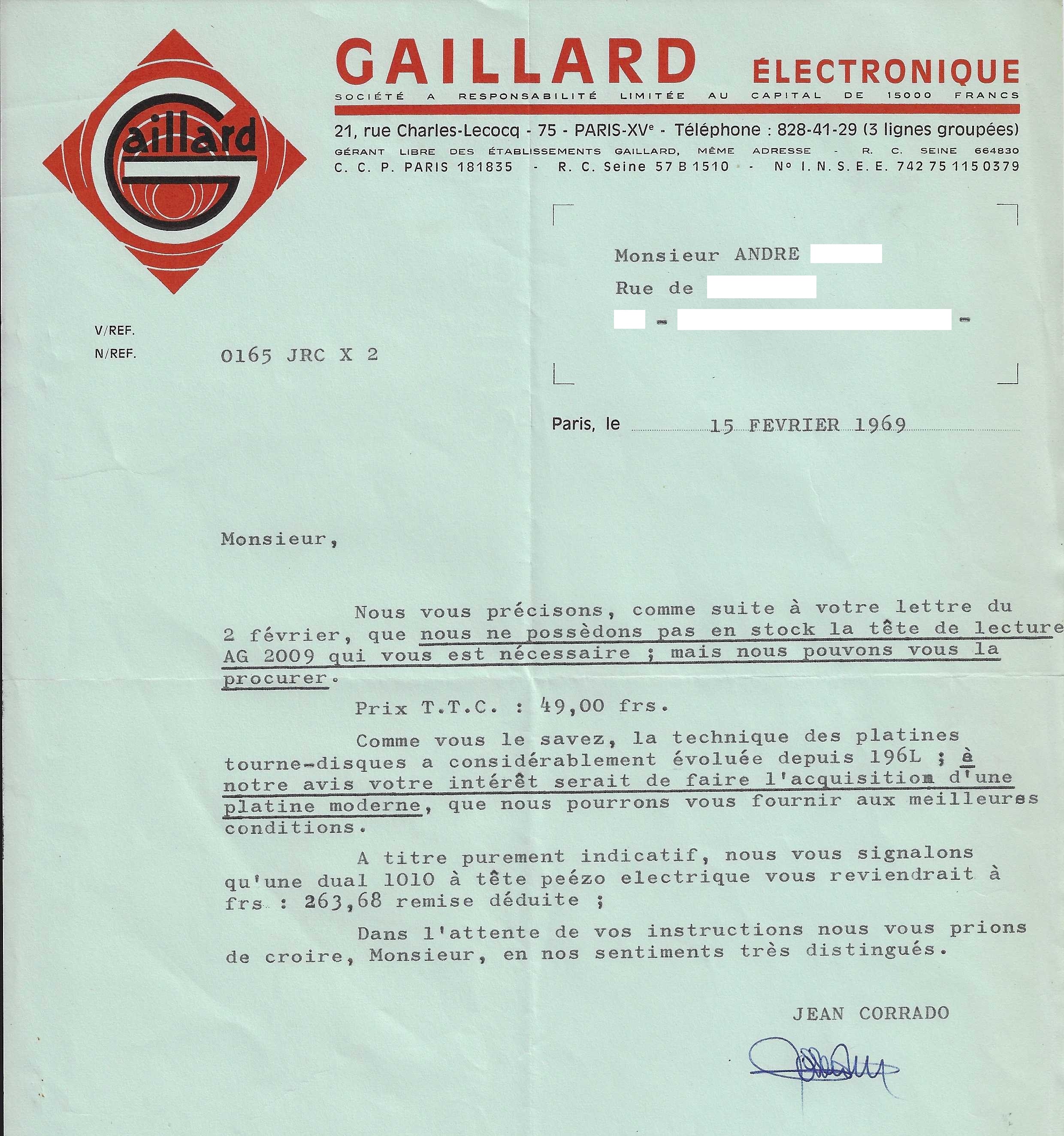 Gaillard Lettre dactylographiée 15 février 1969