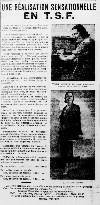 S.F.A.R. Récepteur Valise Publicité - L'Ami du Peuple 5 juin 1934