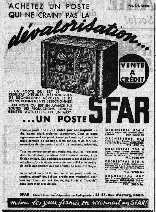 S.F.A.R. Orchestral 635 Publicité - Le Populaire 9 avril 1935
