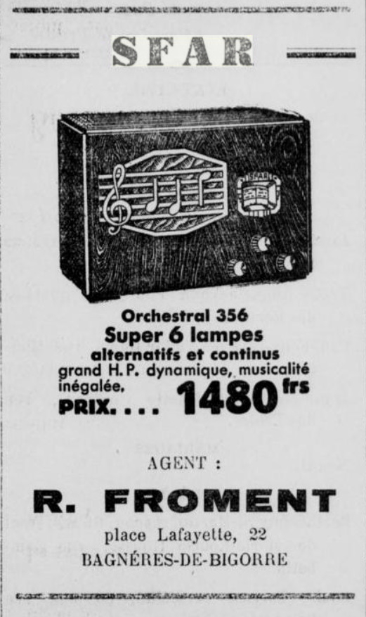 S.F.A.R.  Orchestral 365 Publicité - Le Courrier Républicain 1934