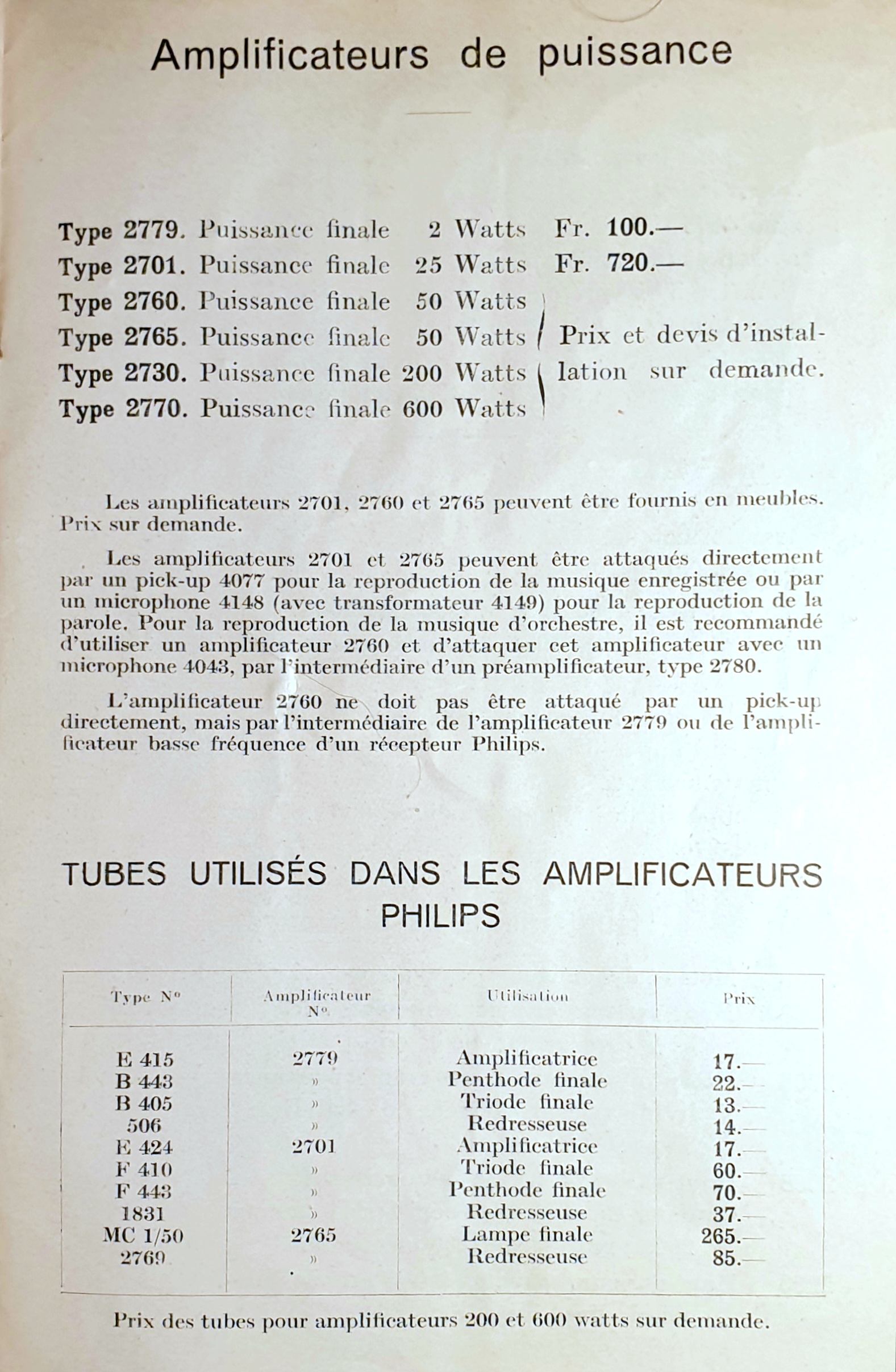 Philips Extrait Prix Courant Suisse - janvier 1932