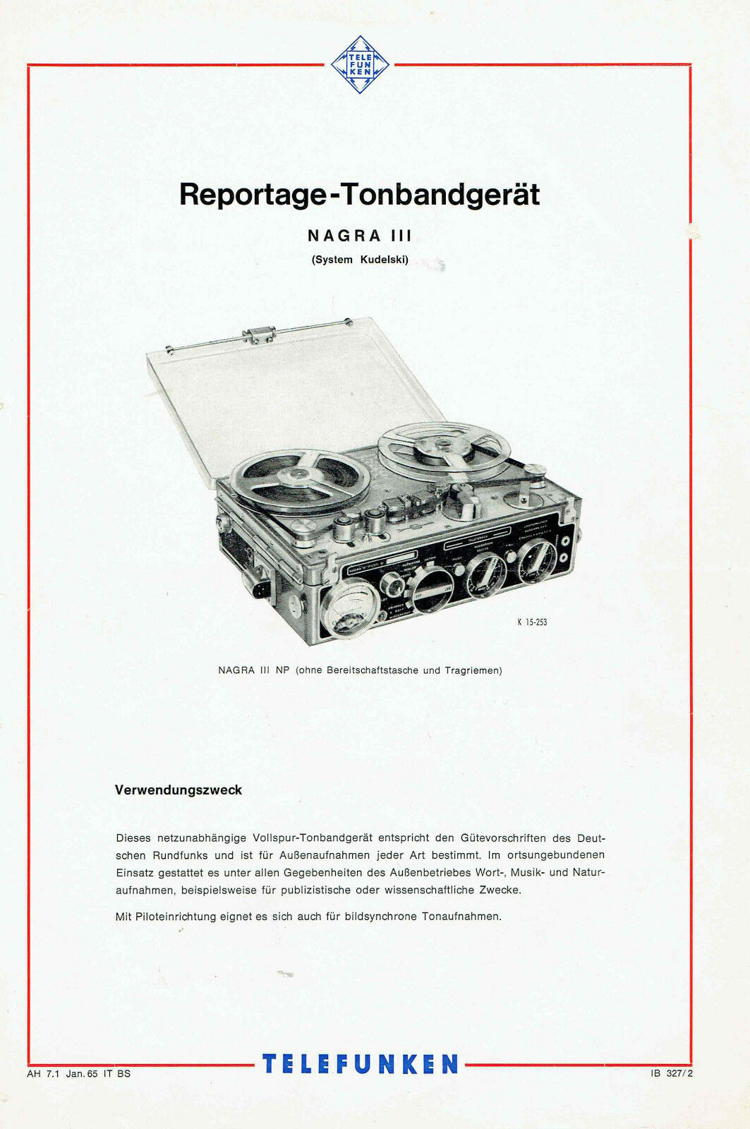 Kudelski Nagra III • Feuillet de présentation Telefunken 1965