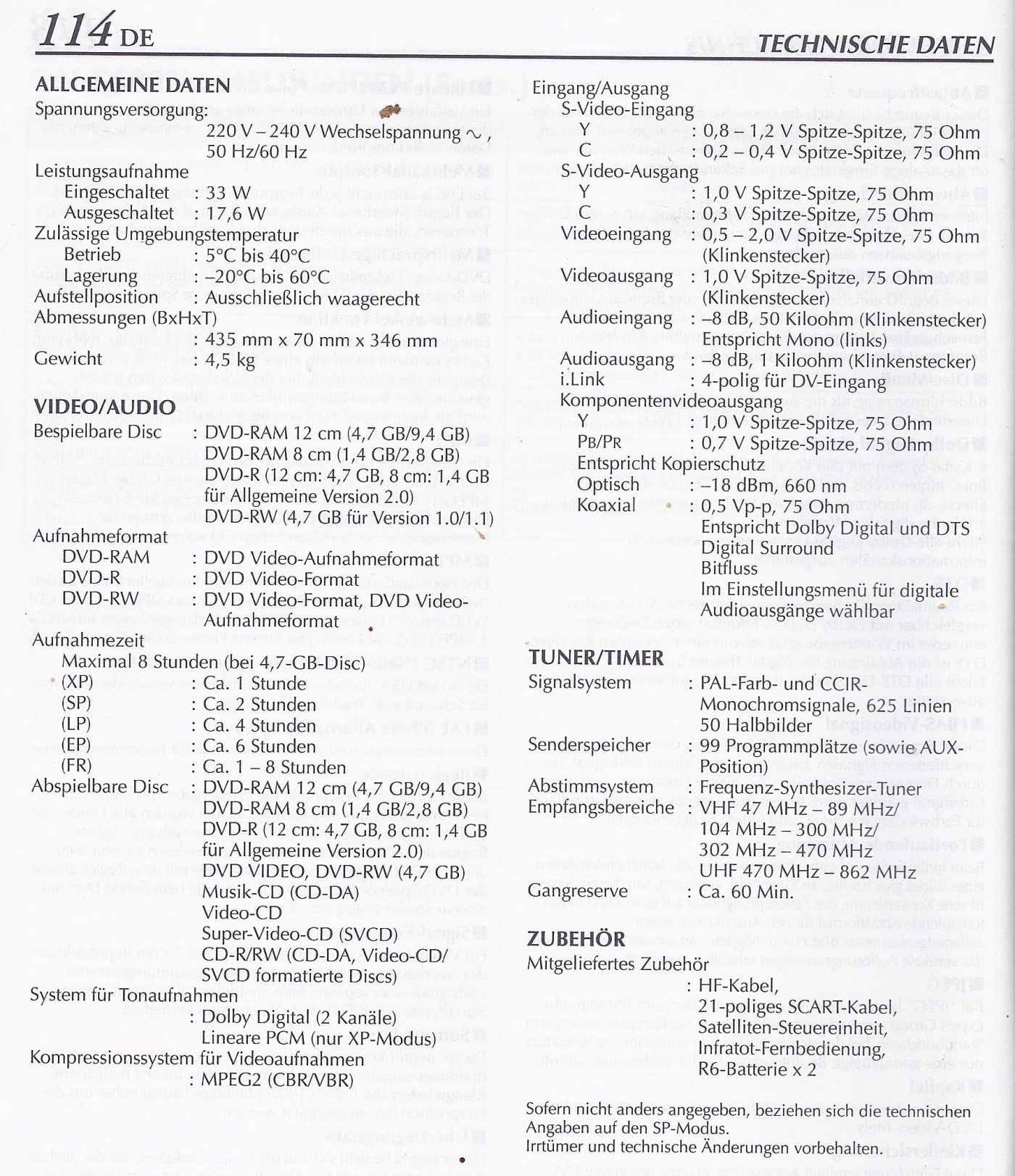 JVC DR-MS 10 SE Fiche technique