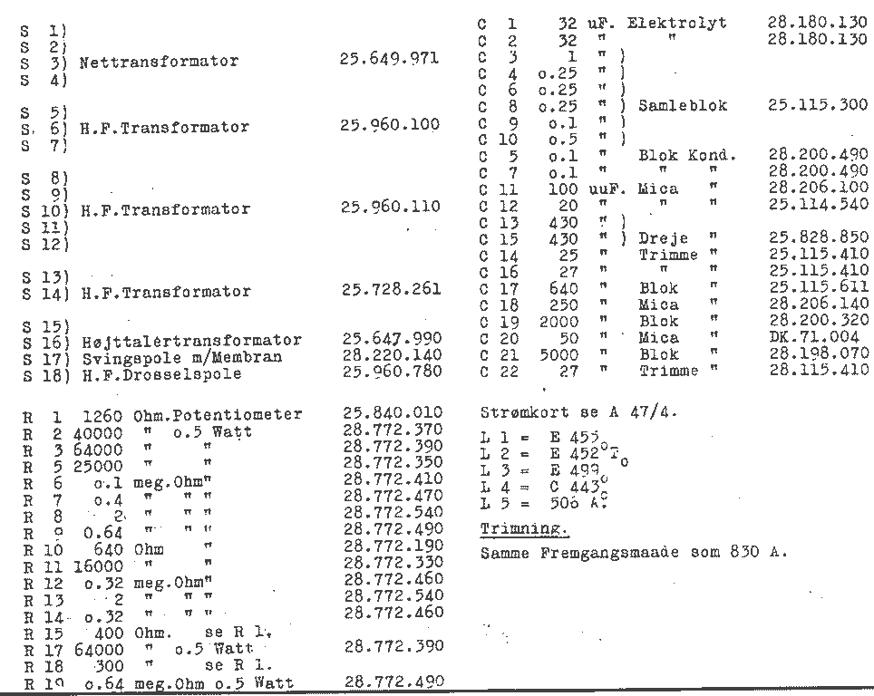 Philips 824 A, 834 A Liste des pièces détachées