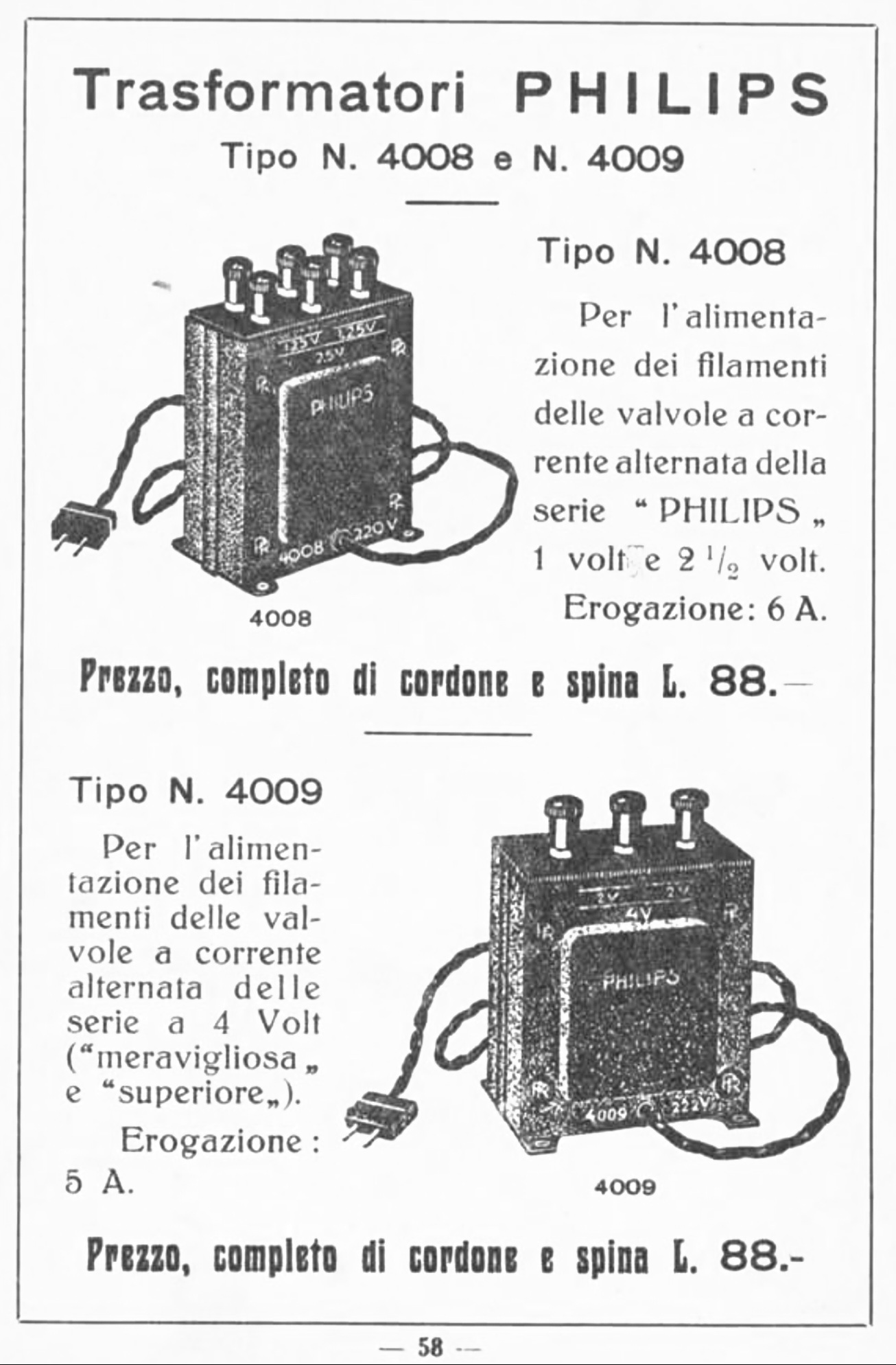 Philips 4008 et 4009 Extrait de catalogue Prodotti Philips 1931