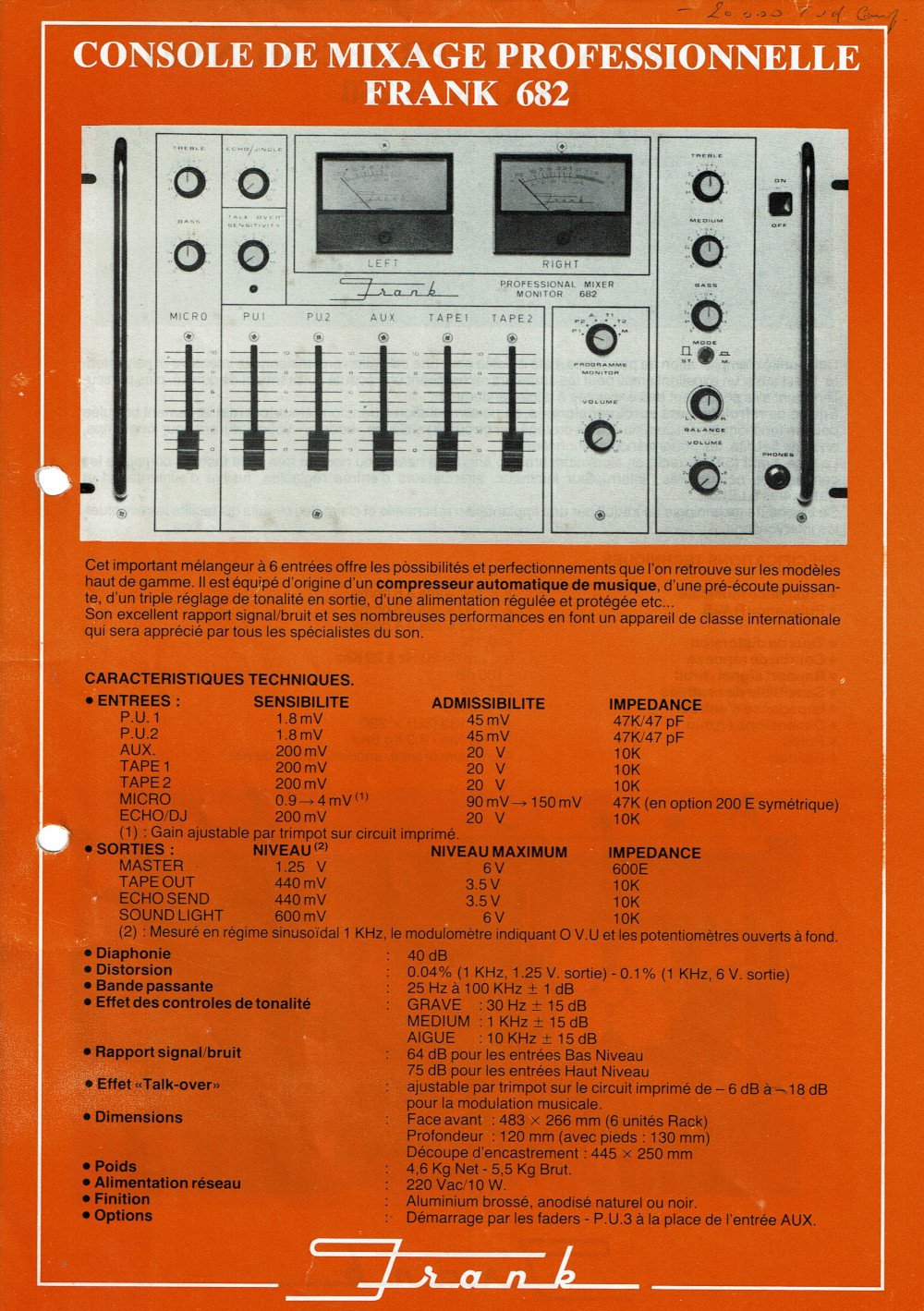 Frank 682 Professional Mixer Monitor • Fiche technique