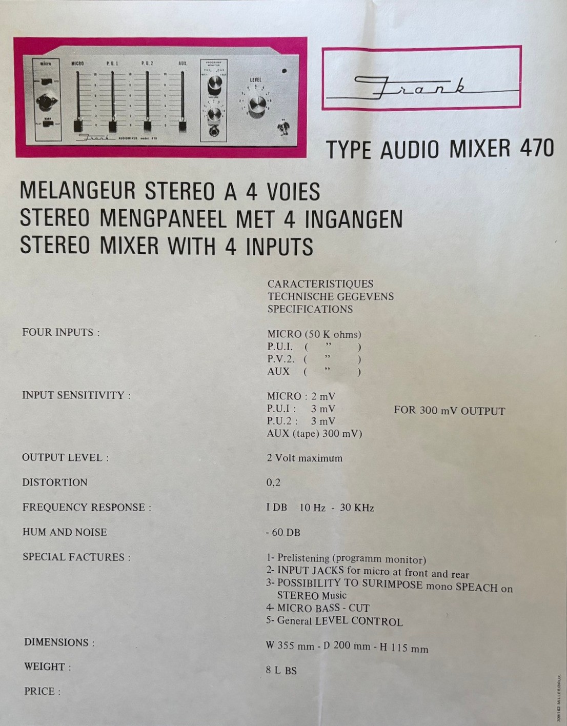 Frank 470 Audiomixer • Fiche technique