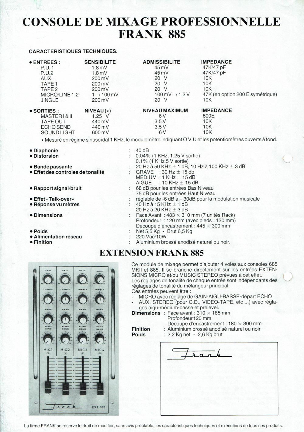 Frank 885 Professional Mixer Monitor • Fiche technique