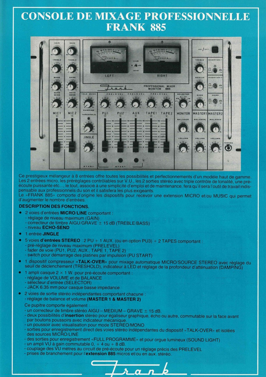 Frank 885 Professional Mixer Monitor • Extrait de catalogue