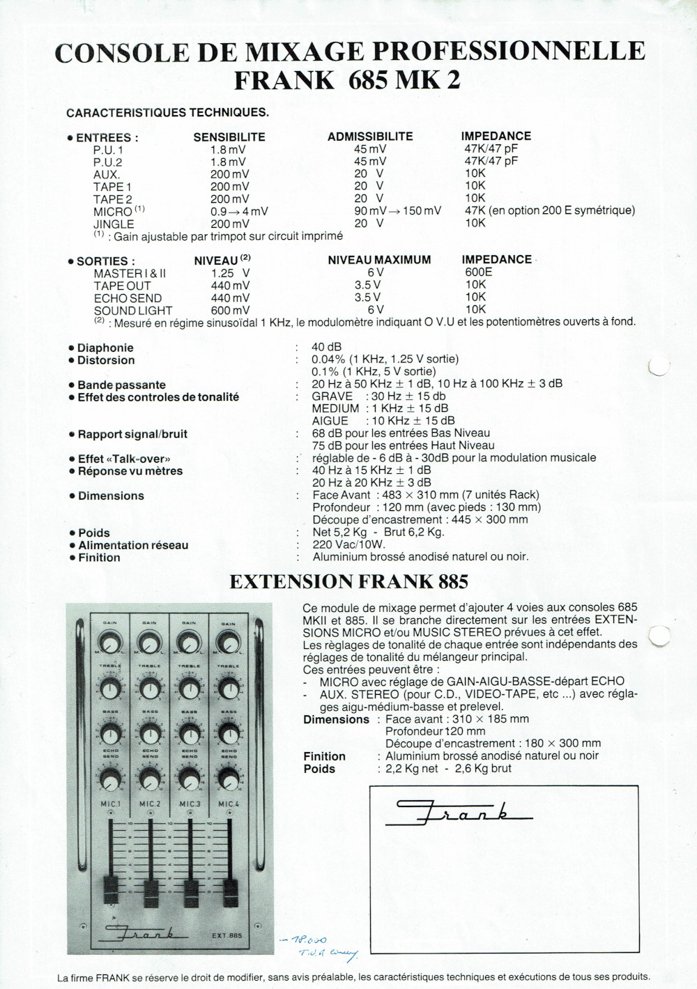 Frank 685 MK 2 Professional Mixer Monitor • Fiche technique