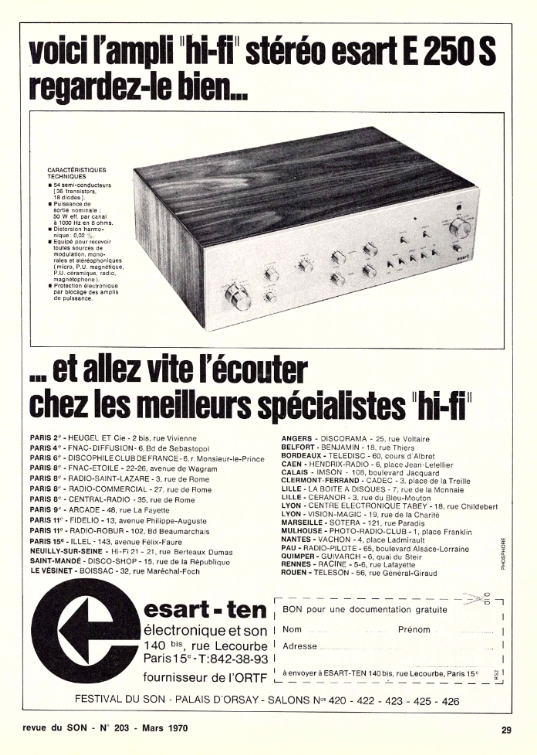 Esart E 250 • Publicité Revue du Son n° 203 mars 1970