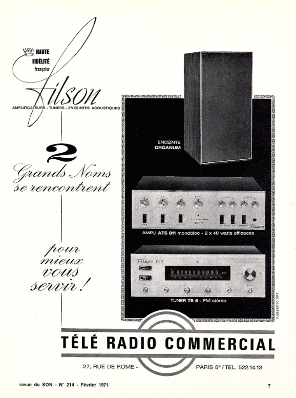 Filson ATS 811, TS 5 et Organum • Publicité 1971