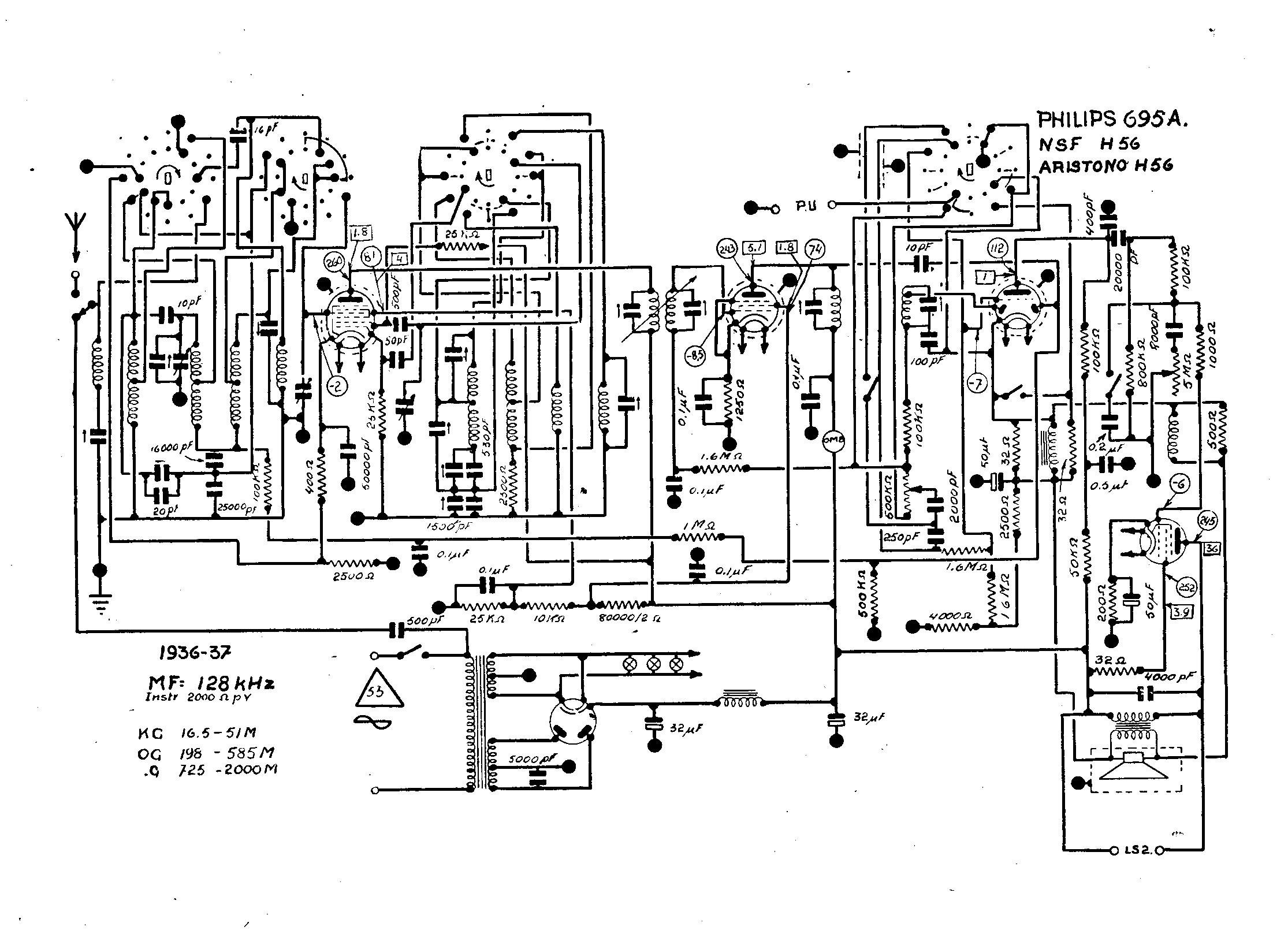 Aristona H 56 A, N.S.F. H 56 A, Philips 695 A, Schéma Brans