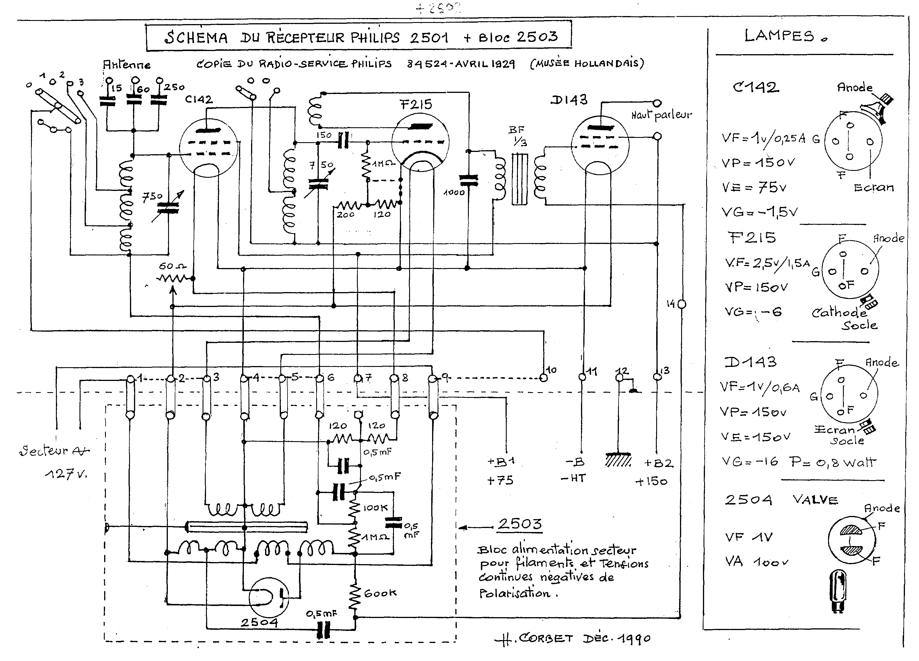 Philips 2501, 2502, 2503 Schéma (redessiné par Henri Corbet)