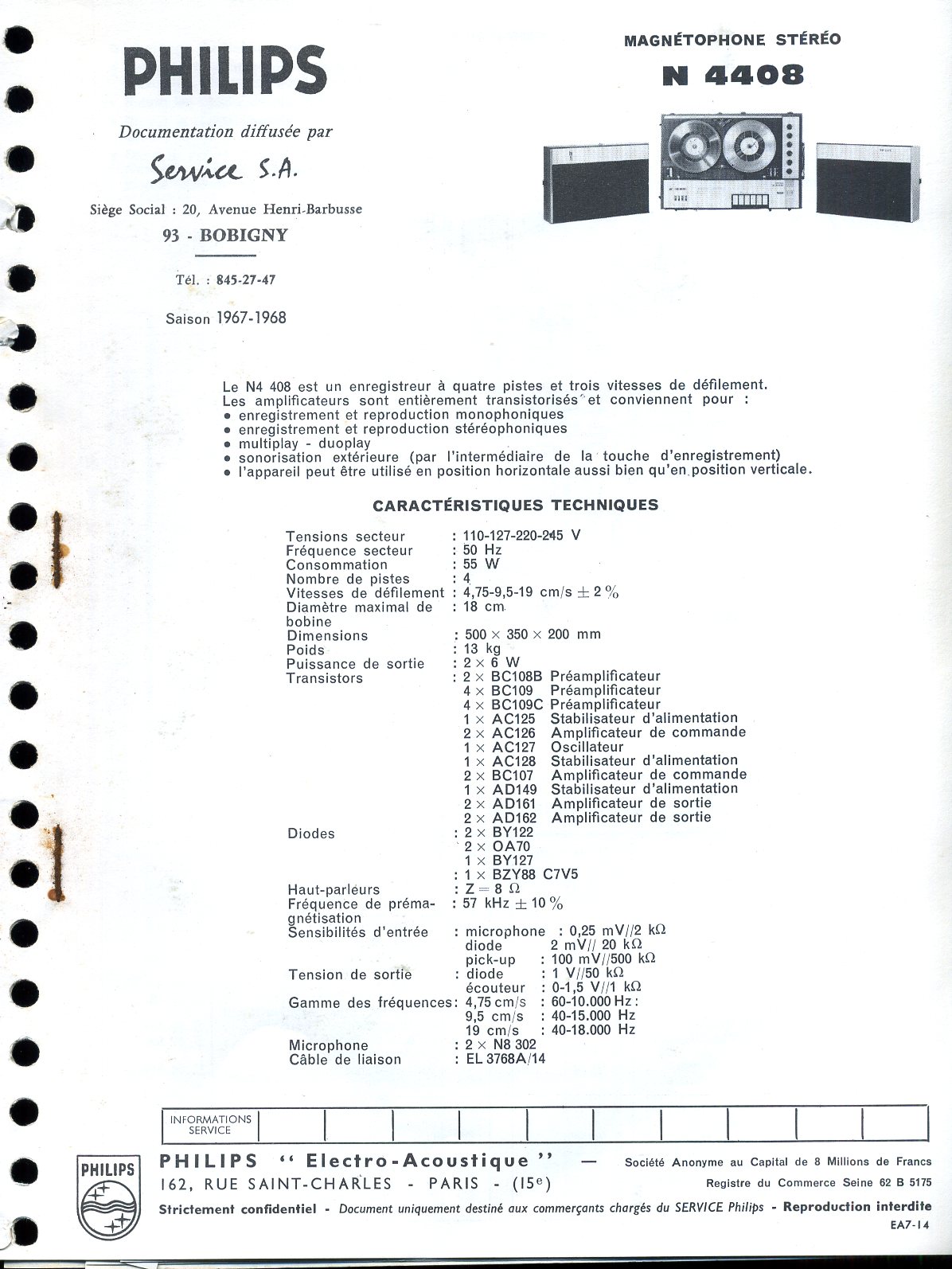 Philips N 4408 • Manuel de service (1ère page en français)