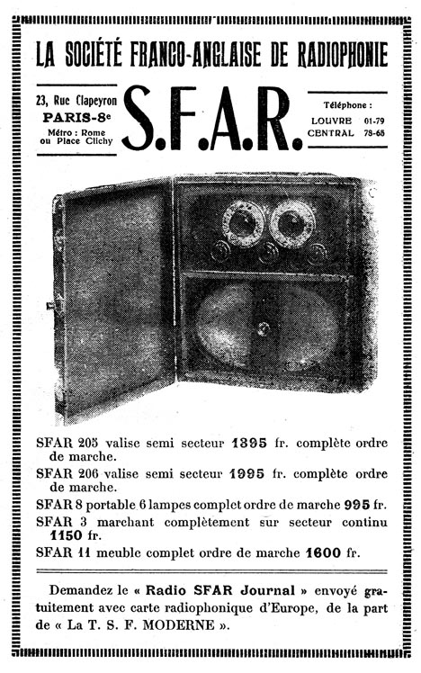 S.F.A.R . 205, 206, 8, 3, 11,  Publicité - TSF Moderne mai 1930