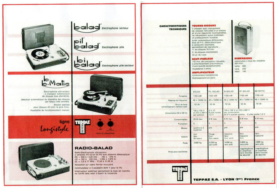 Teppaz gamme électrophones Balad et BB-Matic • Dépliant publicitaire 1967