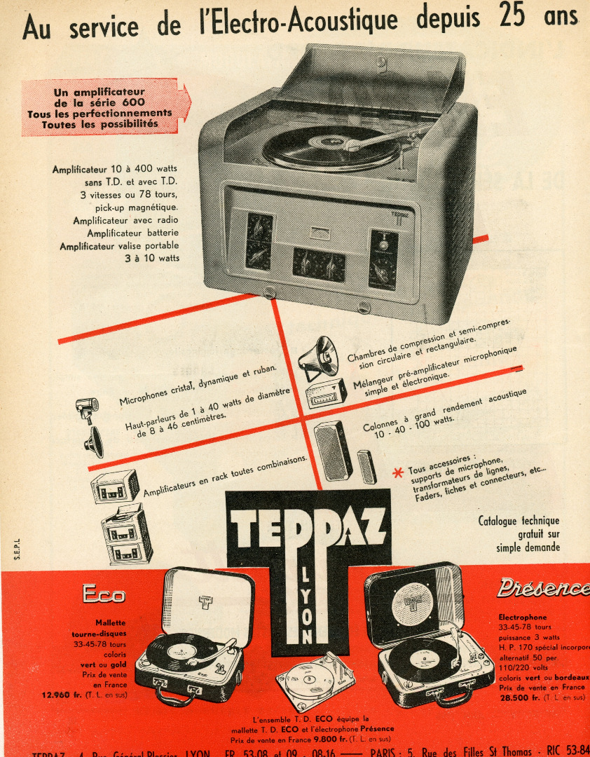 Teppaz Présence et Eco • Publicité - TSF et TV juin 1955