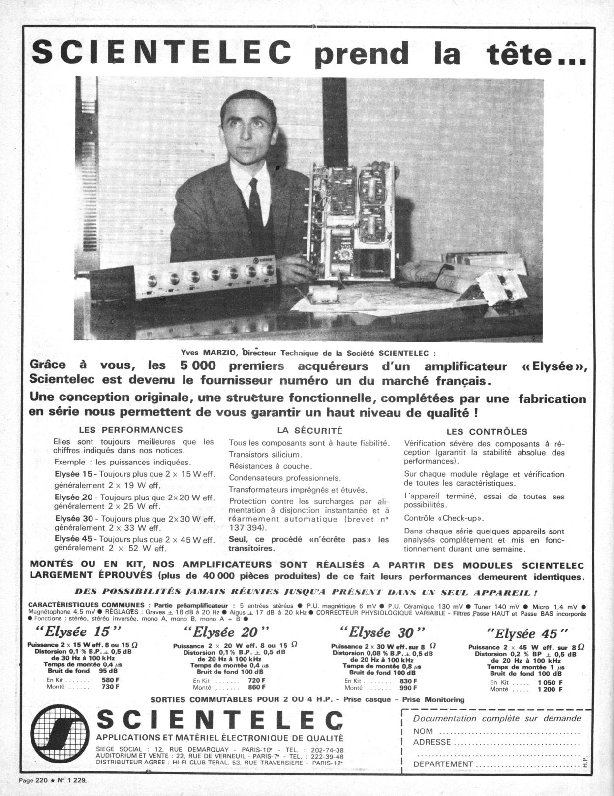 Scientelec série Élysée • Publicité - Le Haut-Parleur octobre 1969