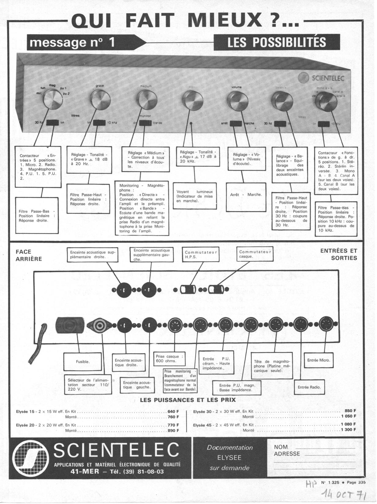 Scientelec série Élysée • Publicité - Le Haut-Parleur octobre 1971