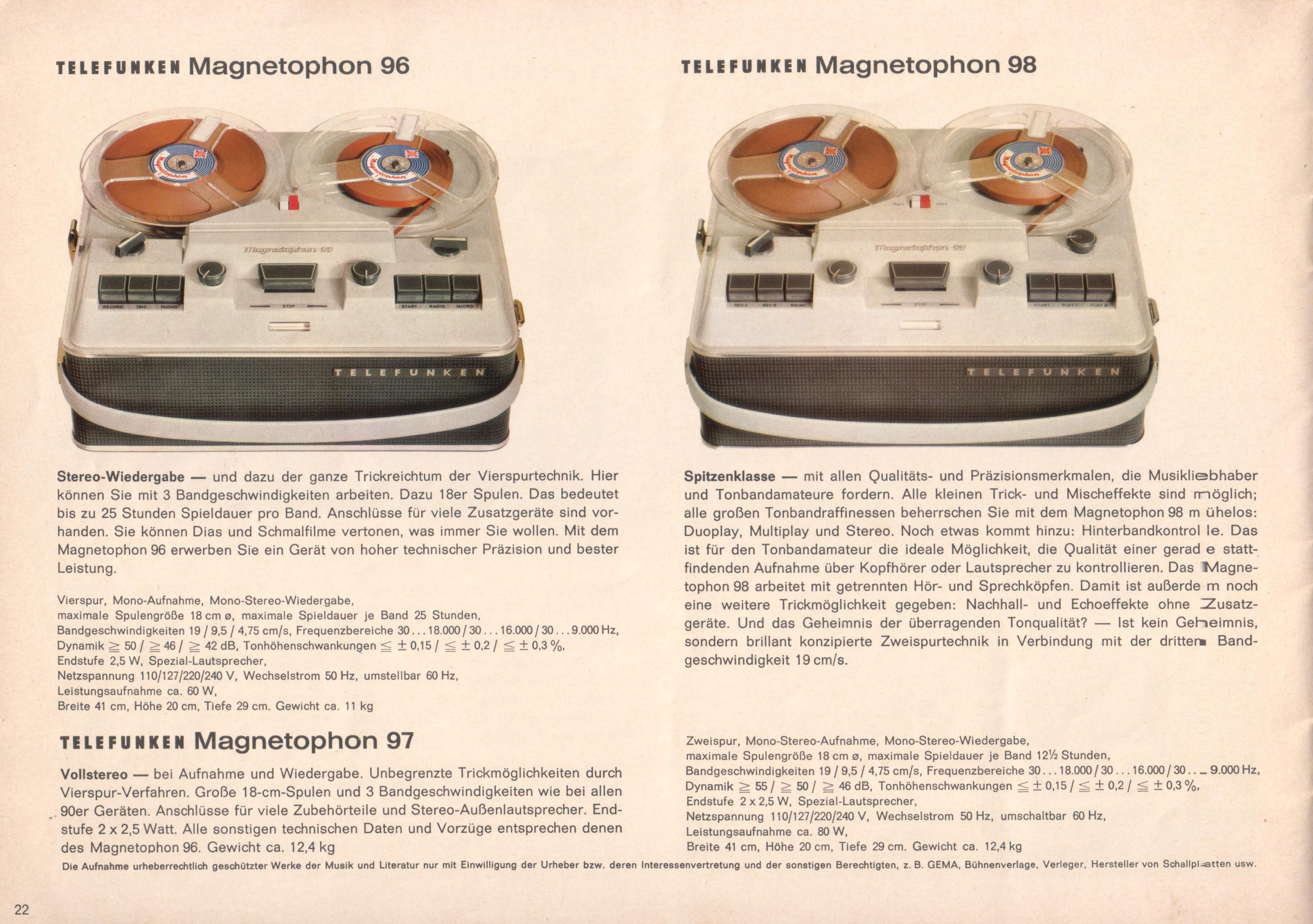 Telefunken Magnetophon 96, 97 et 98 • Extrait de catalogue 1962