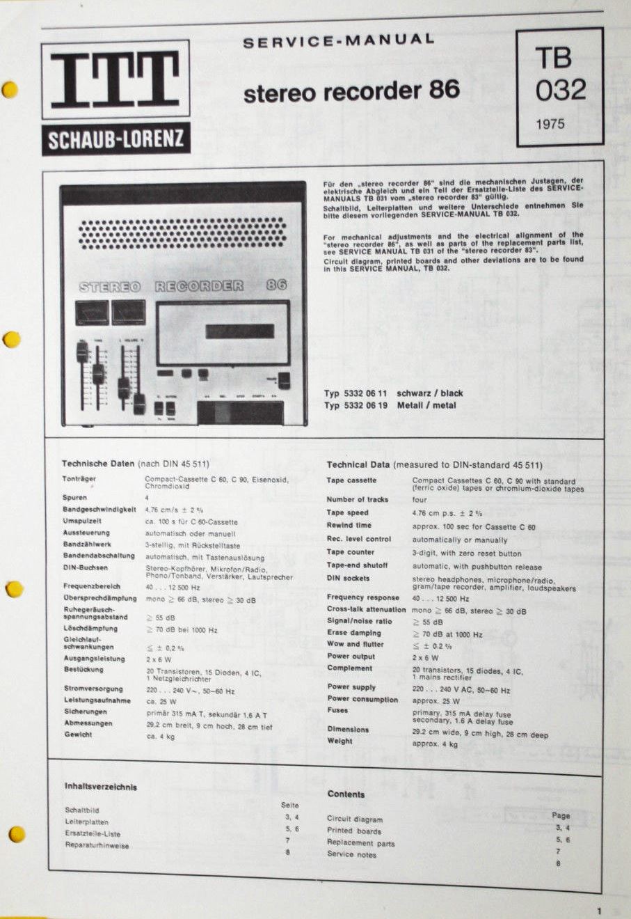 ITT Schaub-Lorenz Stereo Recorder 86 • Fiche technique