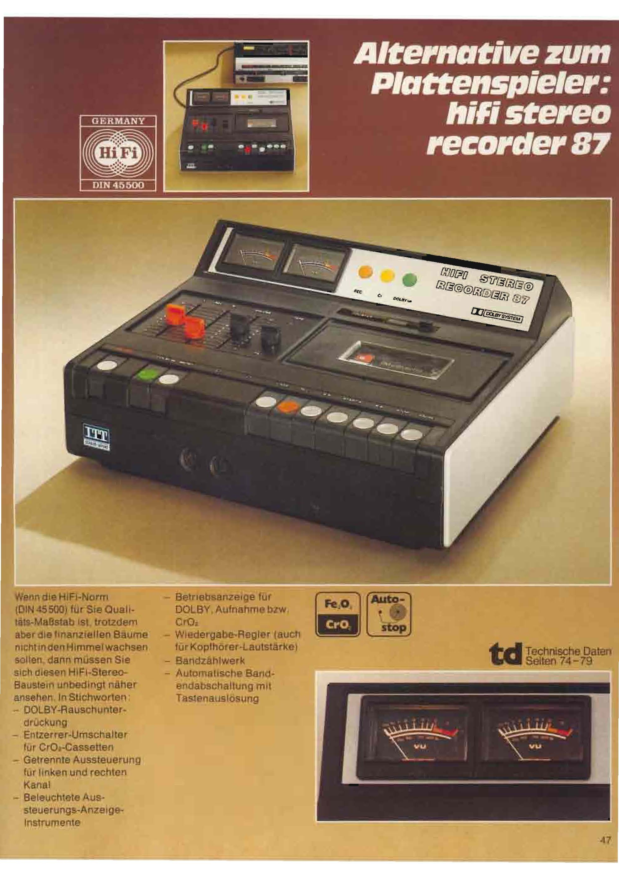 ITT Schaub-Lorenz Stereo Recorder 87 HiFi • Extrait de catalogue