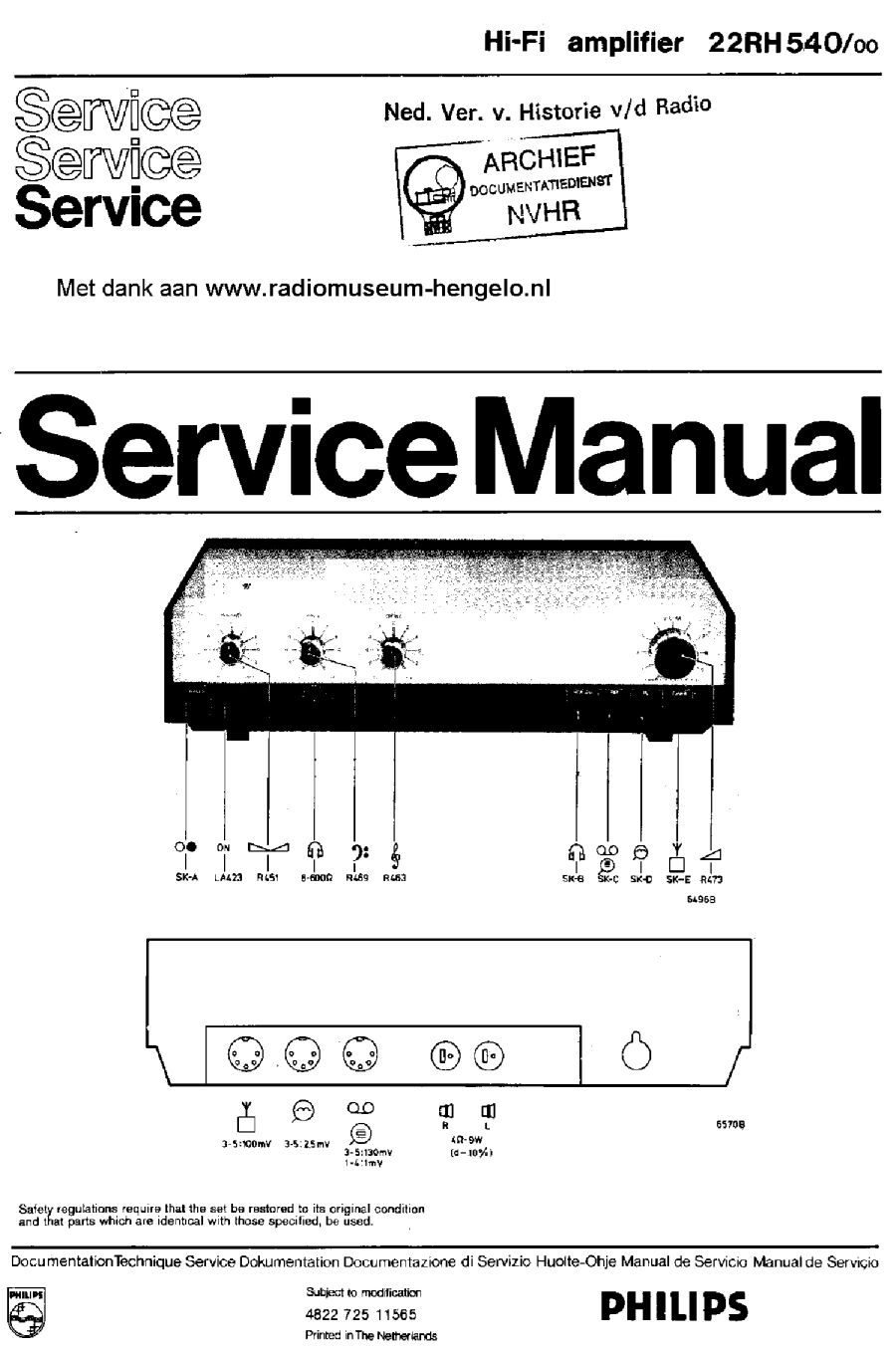 Philips 22 RH 540 • Couverture manuel de service