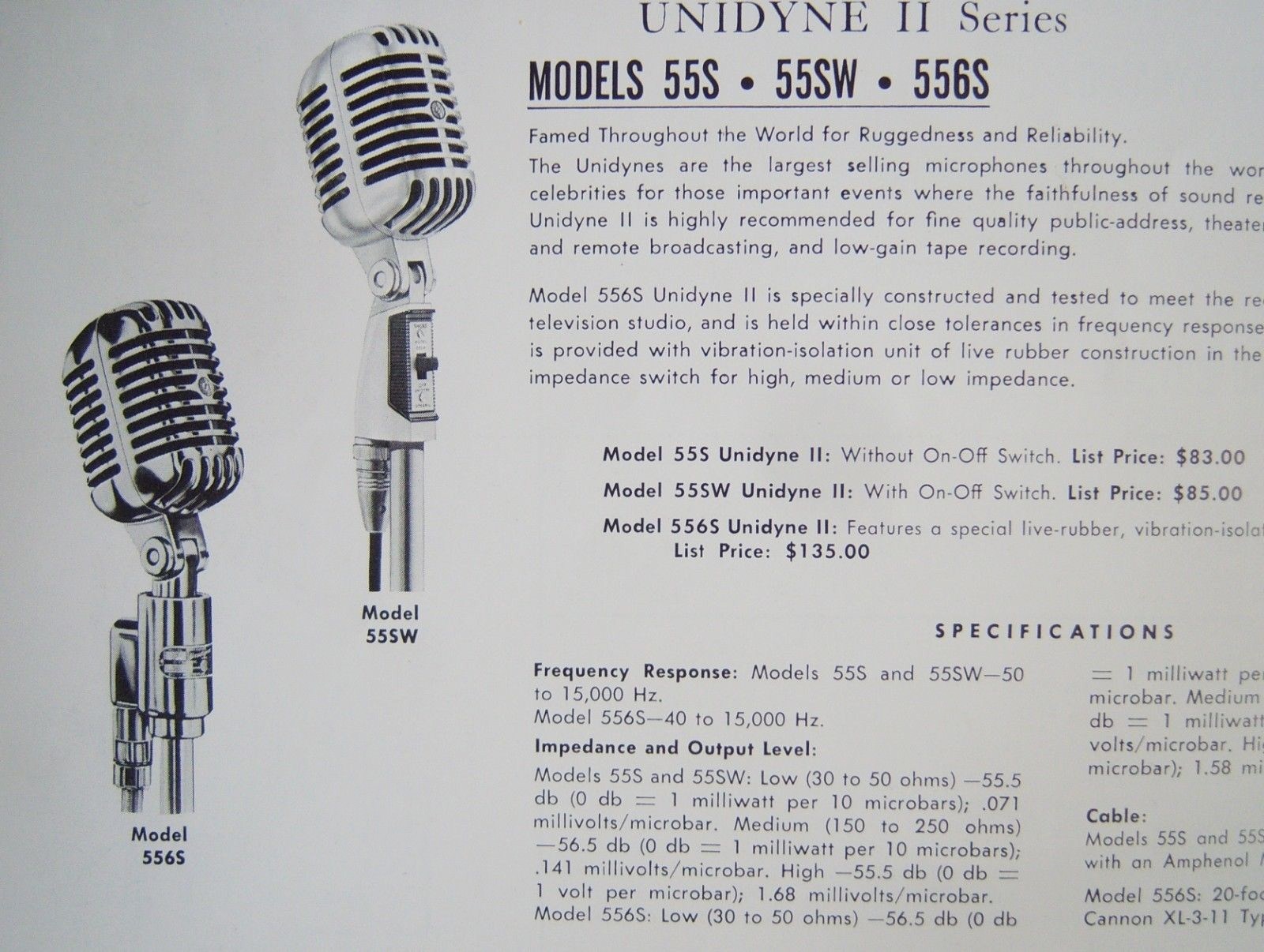 Shure 55 S, 55 SW et 556 S • Extrait de catalogue