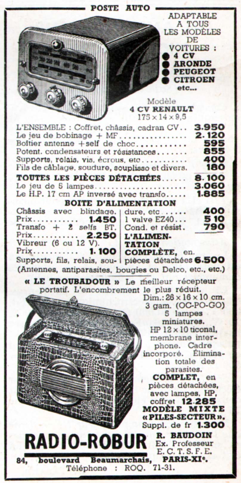 Ets. Robur Poste Auto 4 CV • Publicité 1955