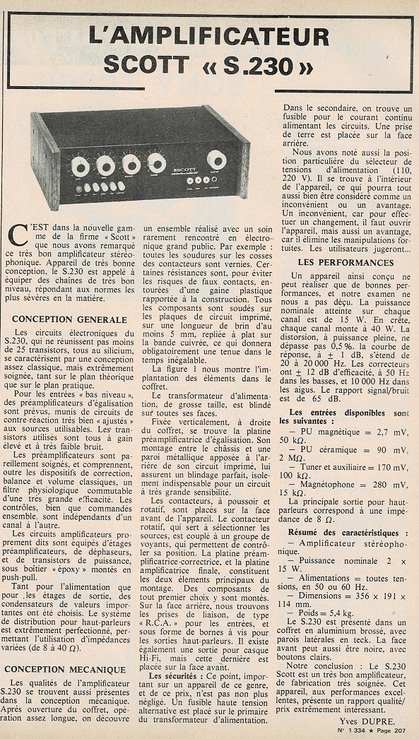 H.H. Scott 230 S Article - Le Haut-Parleur n° 1334  - 16 décembre 1971
