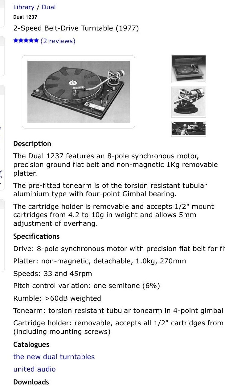 Dual 1237 Fiche technique caractéristiques