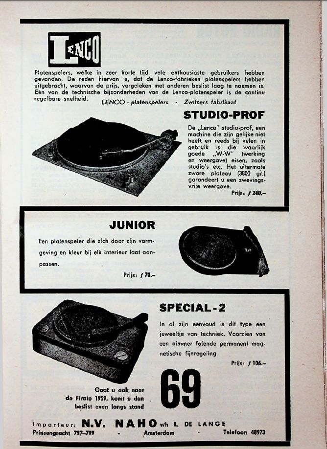 Lenco Studio Prof, Junior et Special 2 • Publicité néerlandaise 1959