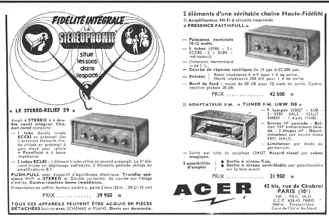 A.C.E.R. Stéréo-Relief 59, Présence Faithfull, UKW 358 • Publicité 1958