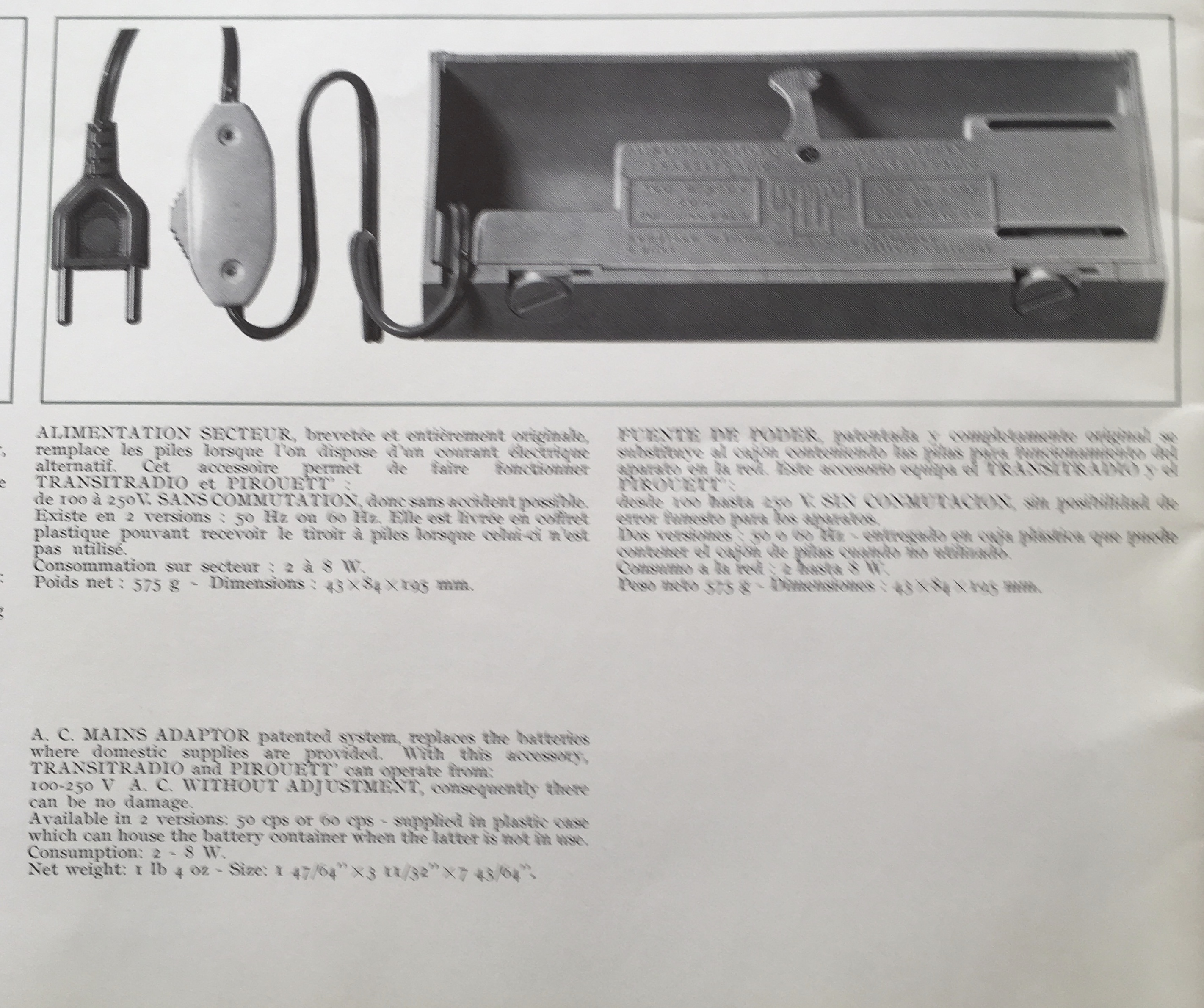 Teppaz Pirouett et Transitradio alimentation secteur de 110 à 250 V