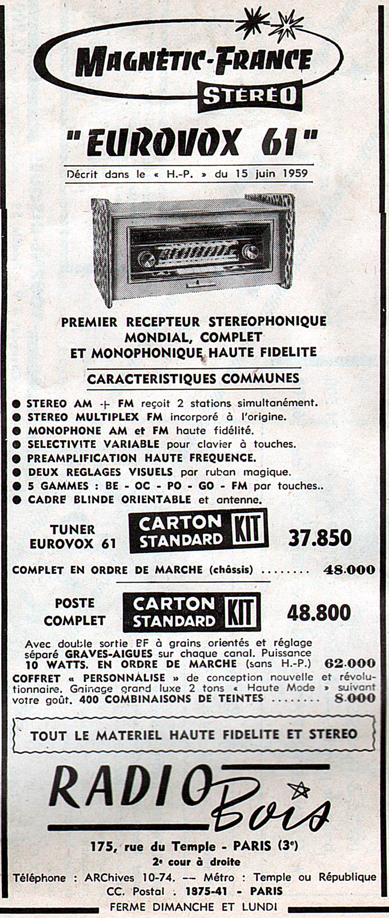 Magnétic-France Tuner Eurovox 61 • Publicité 1959
