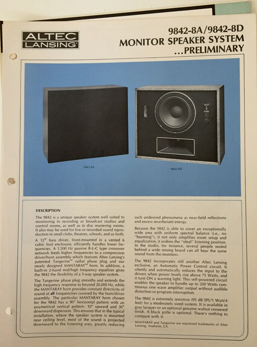 Altec Lansing 9842-8A, 9842-8D • Fiche technique (incomplète)