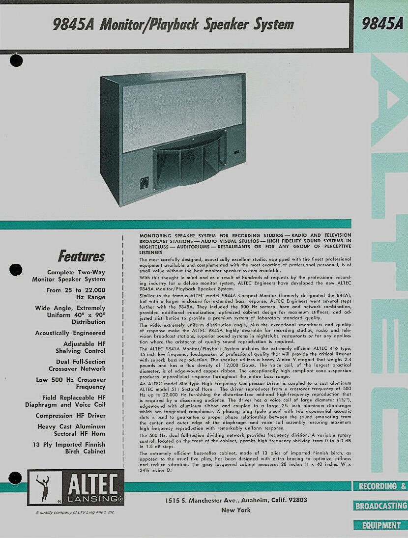 Altec Lansing 9845 A • Fiche technique