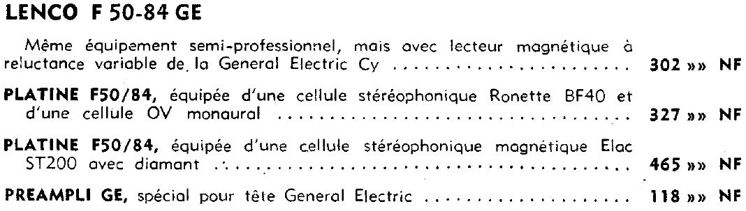 Lenco F 50-84 • Extrait de catalogue 1960