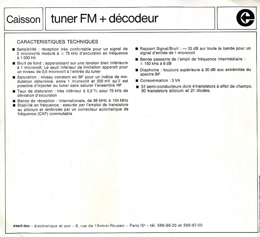 Esart Caisson Tuner FM • Caractéristiques (suite)