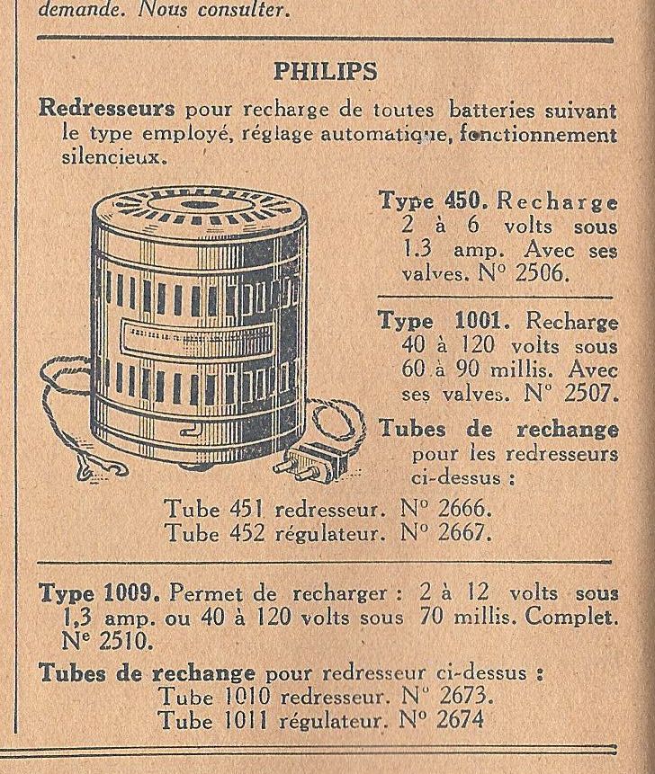 Philips 450, 1001 et 1009 Extrait de catalogue octobre 1928