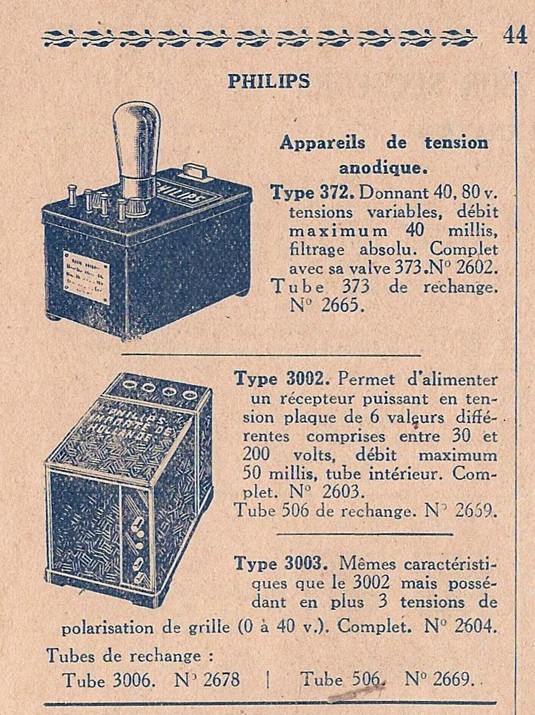 Phillips 372, 3002, 3003 Extrait de catalogue - octobre 1928