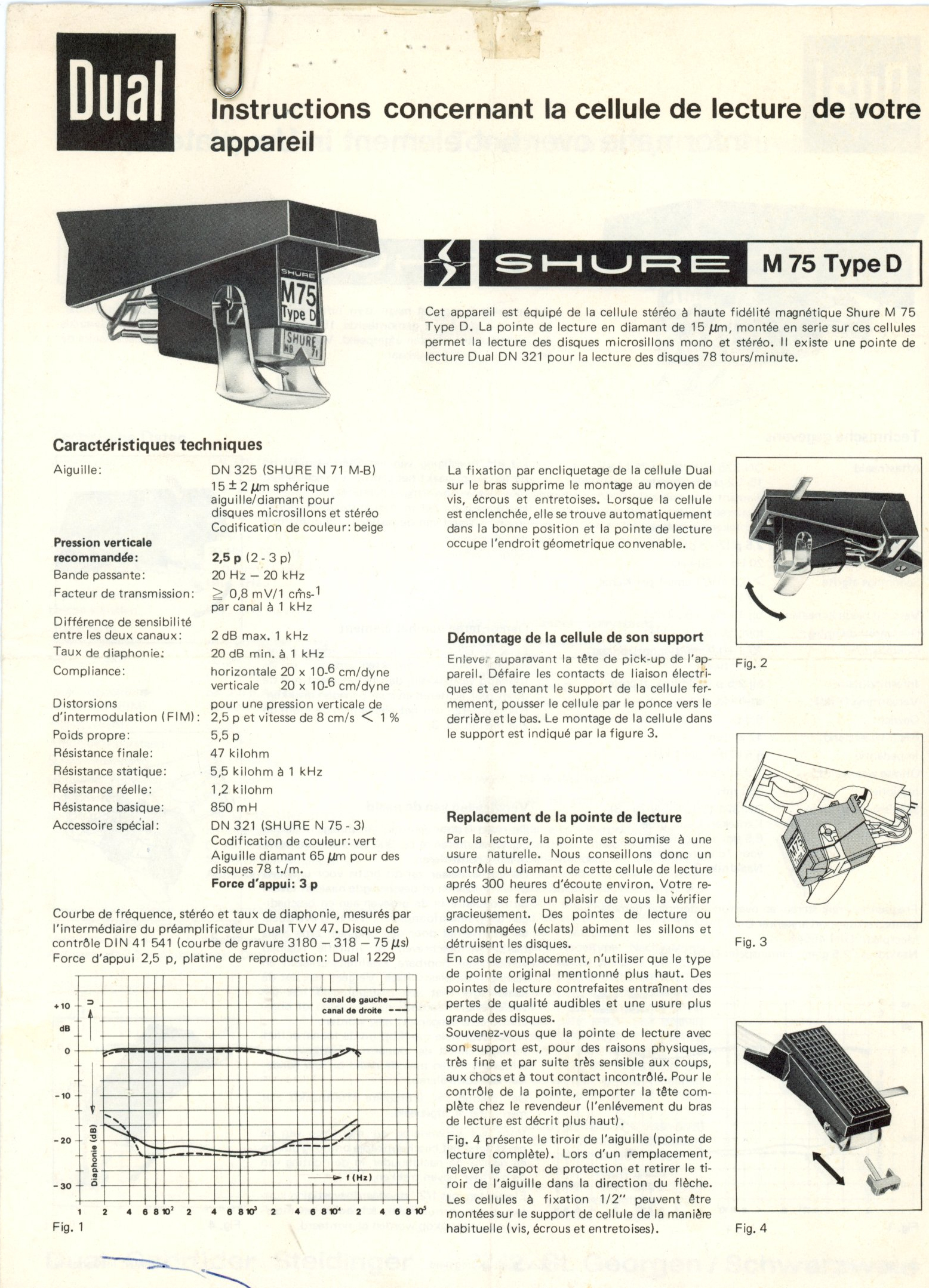 Dual - Shure M 75 Type D (DN 325) • Mode d'emploi