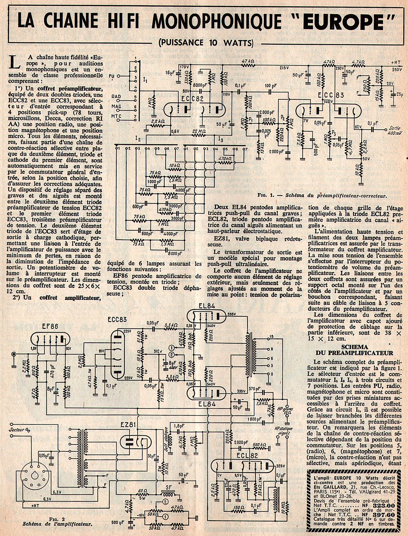 Gaillard Amplificateur Europe • Article - Le Haut-Parleur 1960 (1)