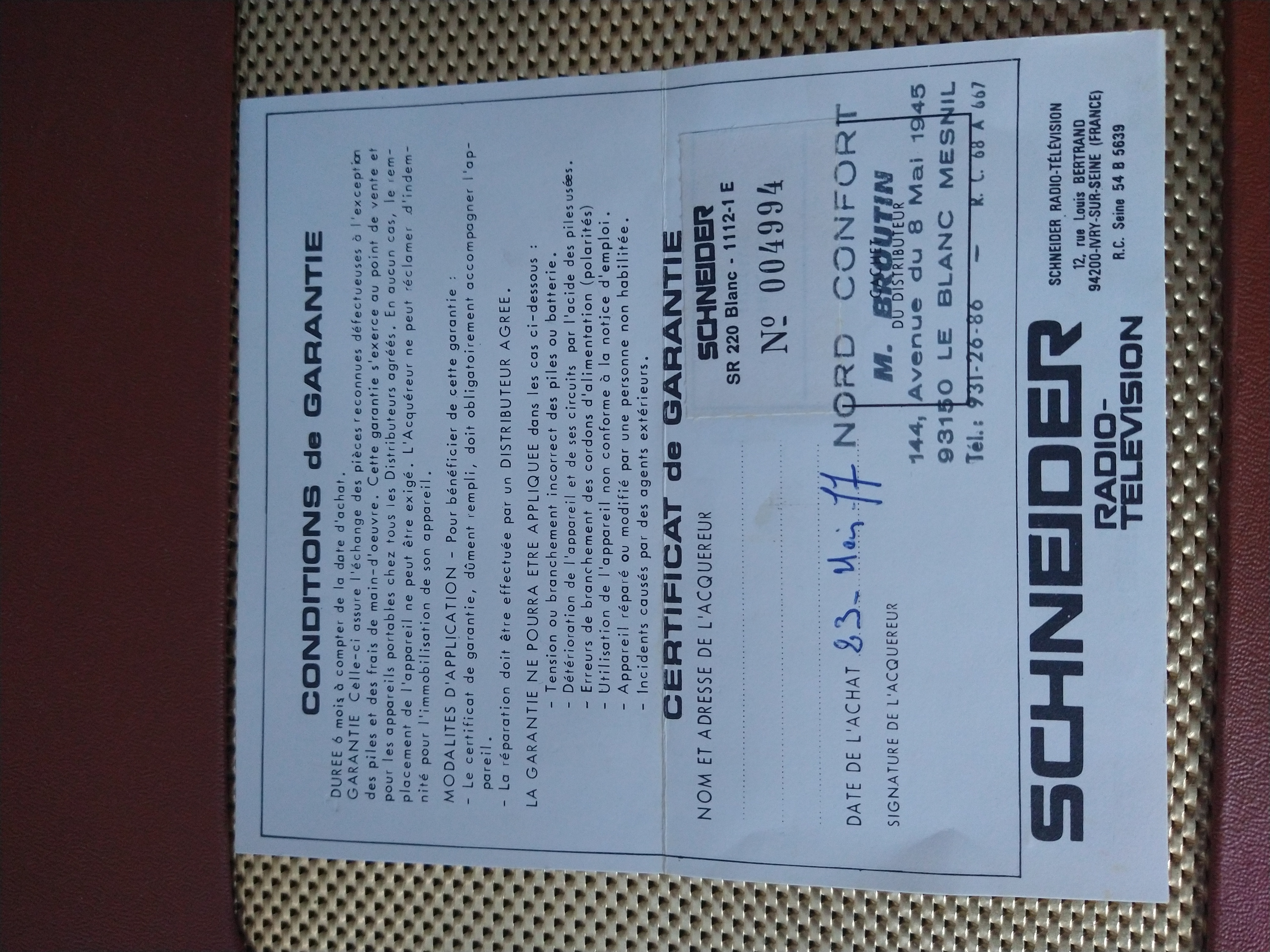 certificat de garantie